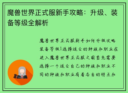 魔兽世界正式服新手攻略：升级、装备等级全解析